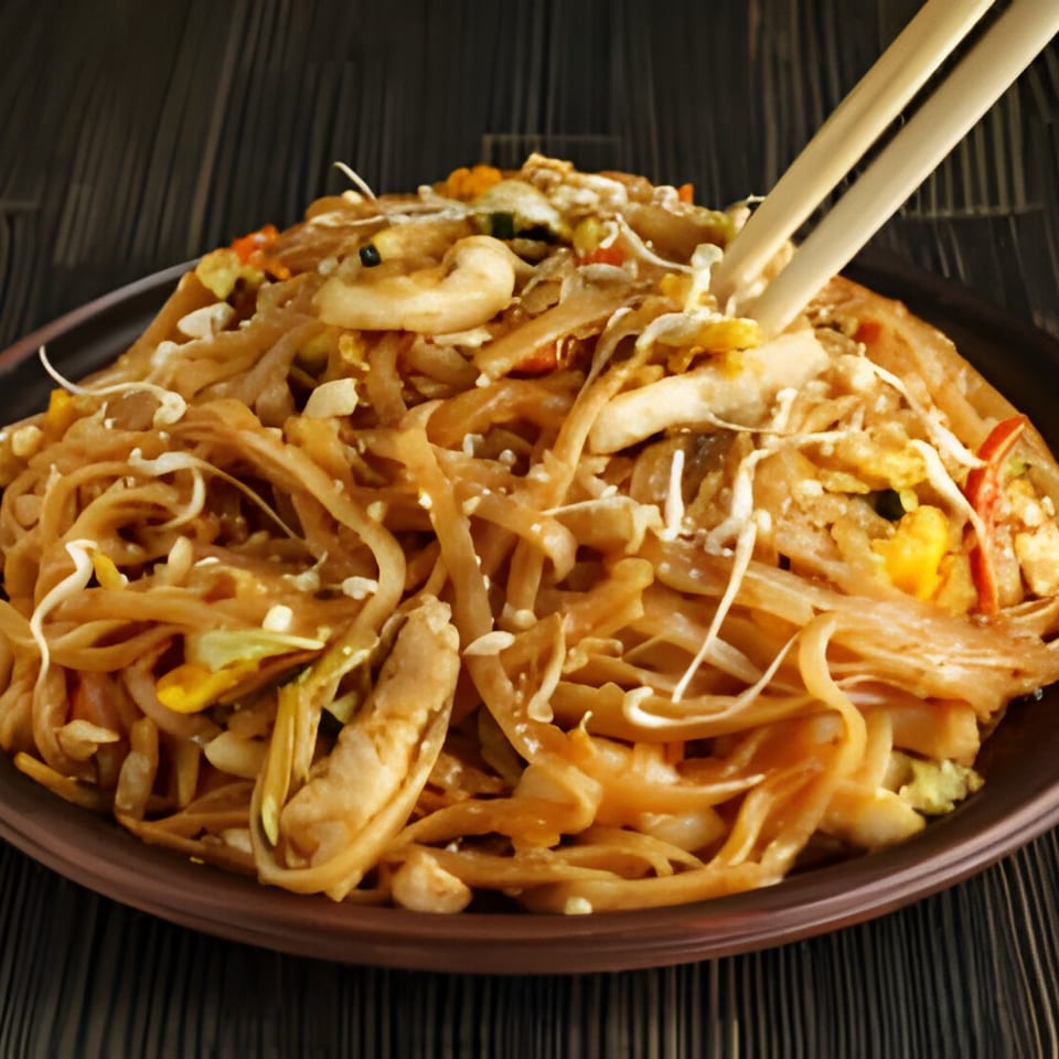 A plate of West Covina Thai Cuisine's Pad See Ew with chopsticks, showcasing noodles, vegetables, and shrimp.