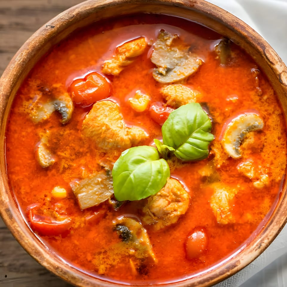 Close-up of a vibrant red Thai curry with chicken, mushrooms, and cherry tomatoes, garnished with basil.