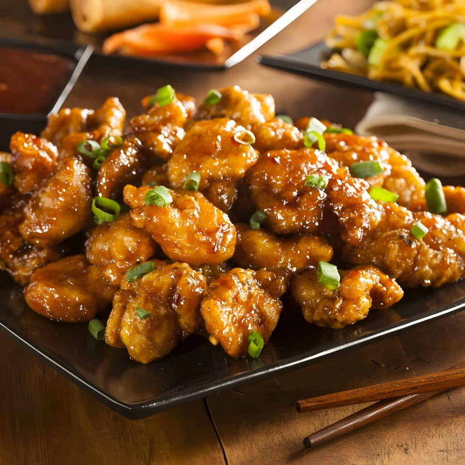 Sweet and sour chicken with green onions, served with chopsticks and other Thai dishes.