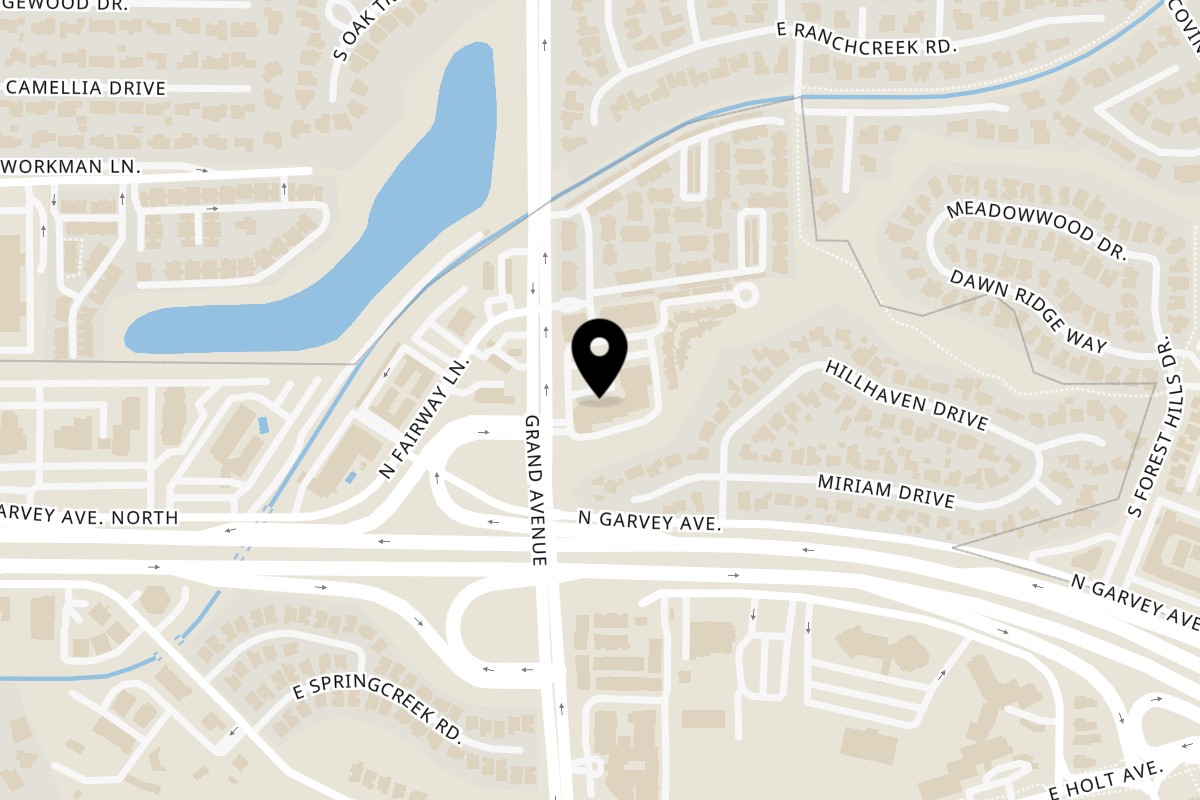 Map showing the location of West Covina Thai Cuisine on 106 N Grand Ave in West Covina